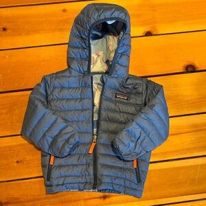 Patagonia Reversible Kids' Down Sweater Navy with Orange Accents